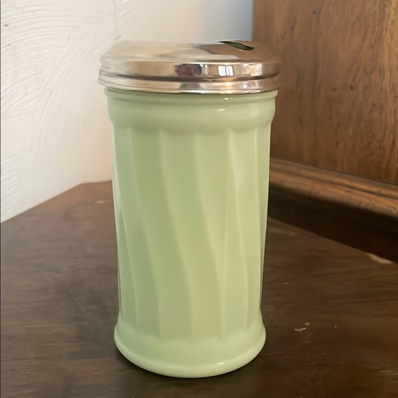 Vintage Jadeite Green Glass Canister Sugar Pourwith Silver Lid